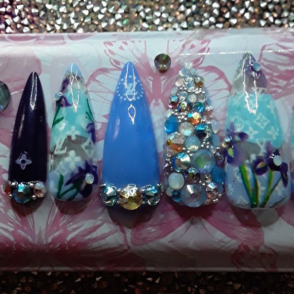 Handmade Hard Gel XL Stiletto "Louie Vuitton" Theme Luxury & Floral Style Press - Picture 6 of 10